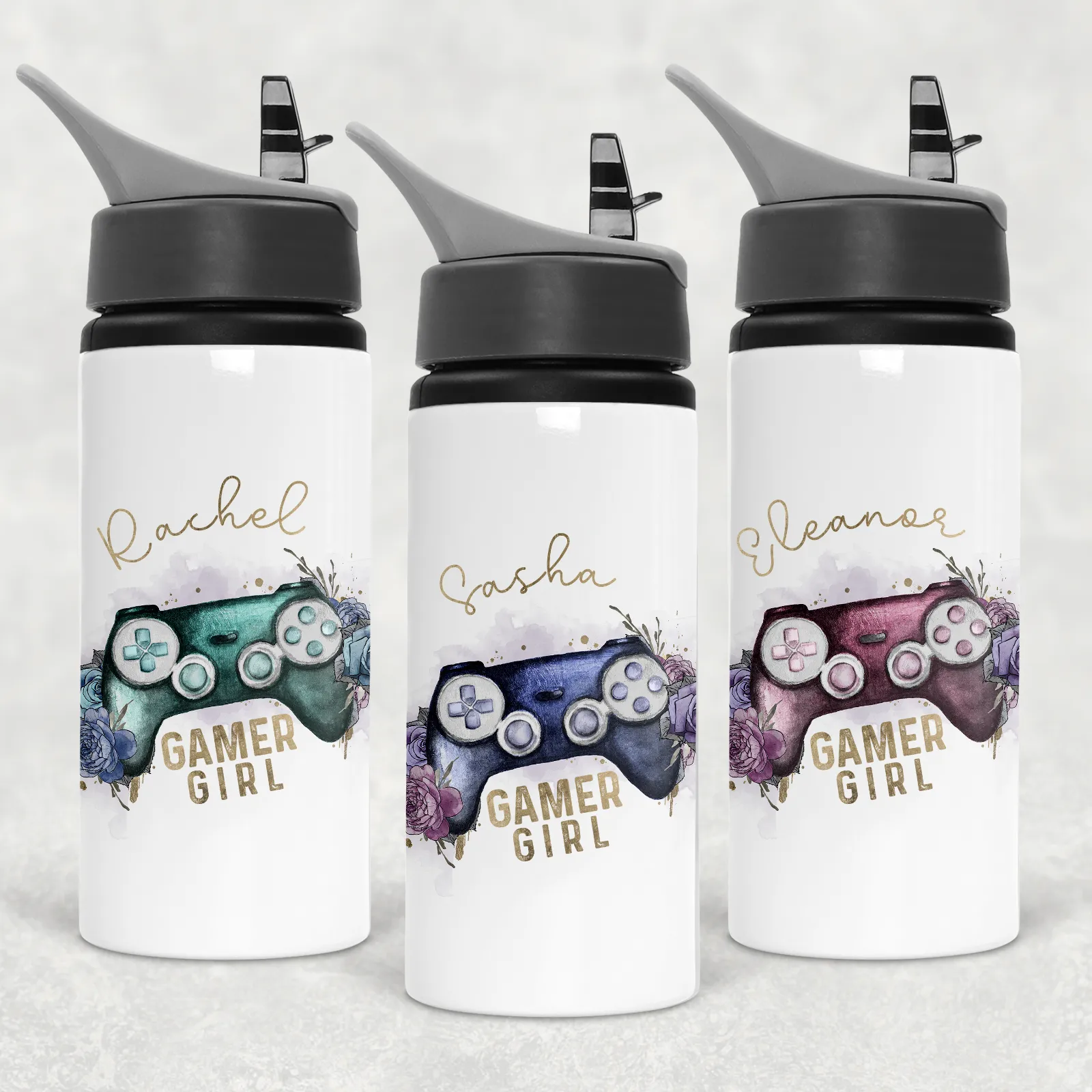 Gamer Girl Floral Personalised Aluminium Straw Water Bottle 650ml