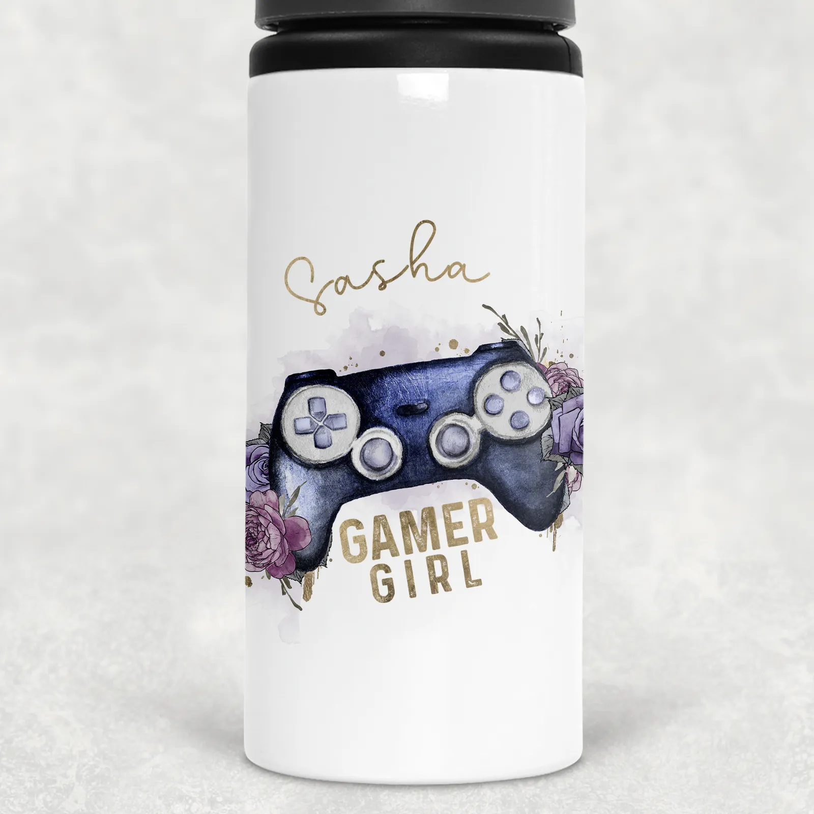 Gamer Girl Floral Personalised Aluminium Straw Water Bottle 650ml