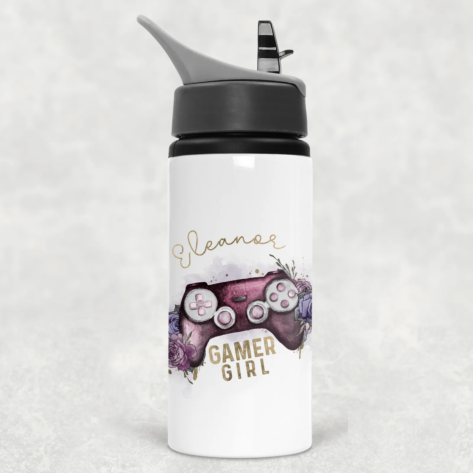 Gamer Girl Floral Personalised Aluminium Straw Water Bottle 650ml