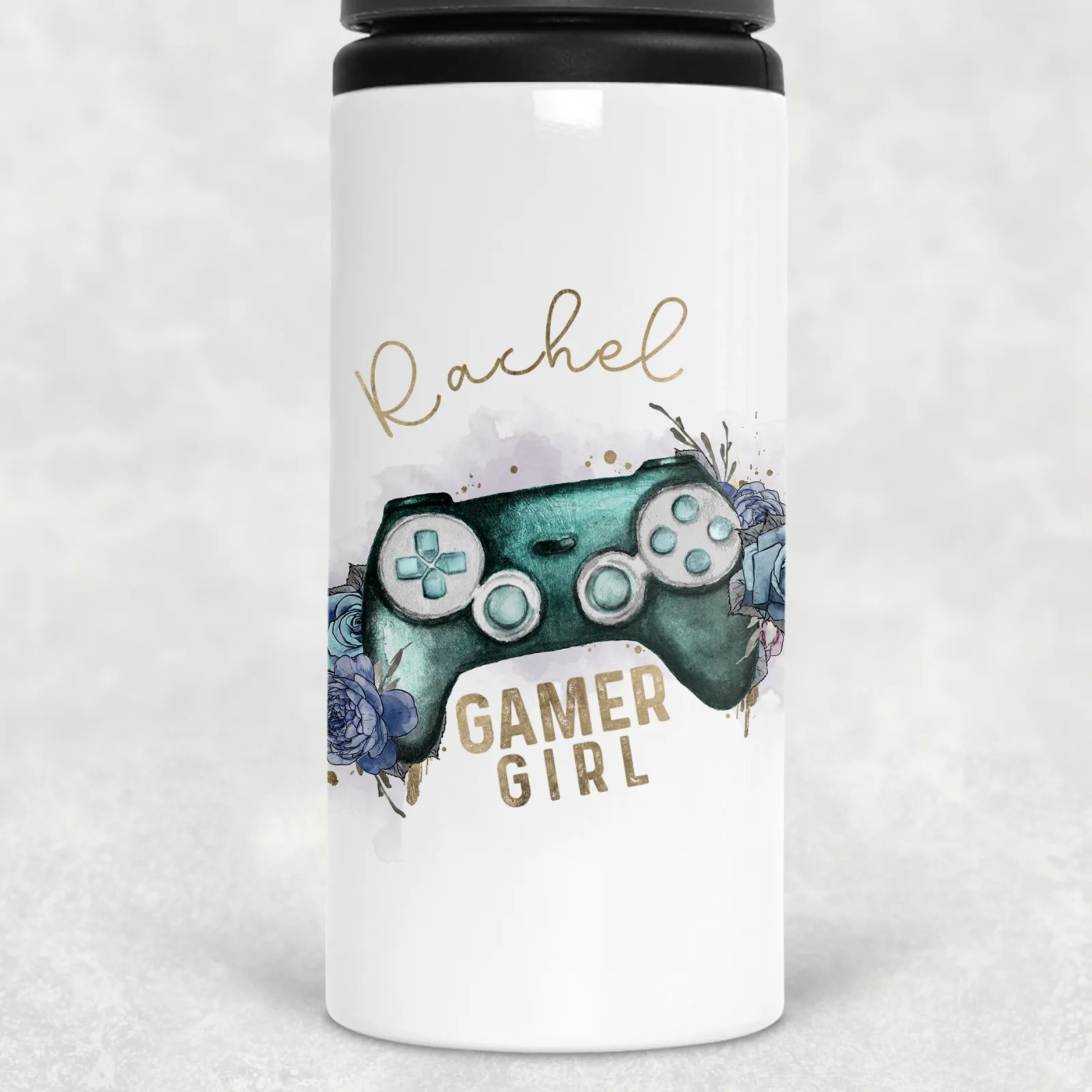 Gamer Girl Floral Personalised Aluminium Straw Water Bottle 650ml