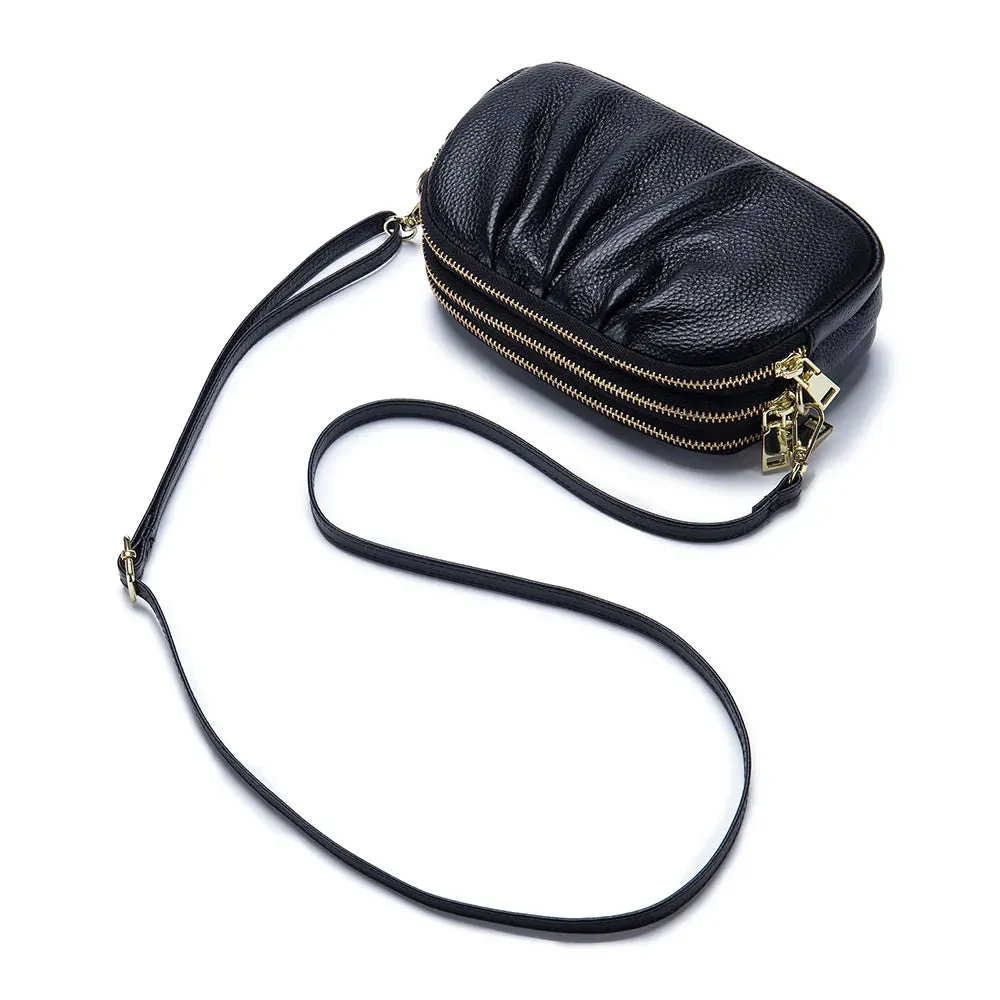 Genuine Leather Triple Zipper Crossbody Messenger Bag