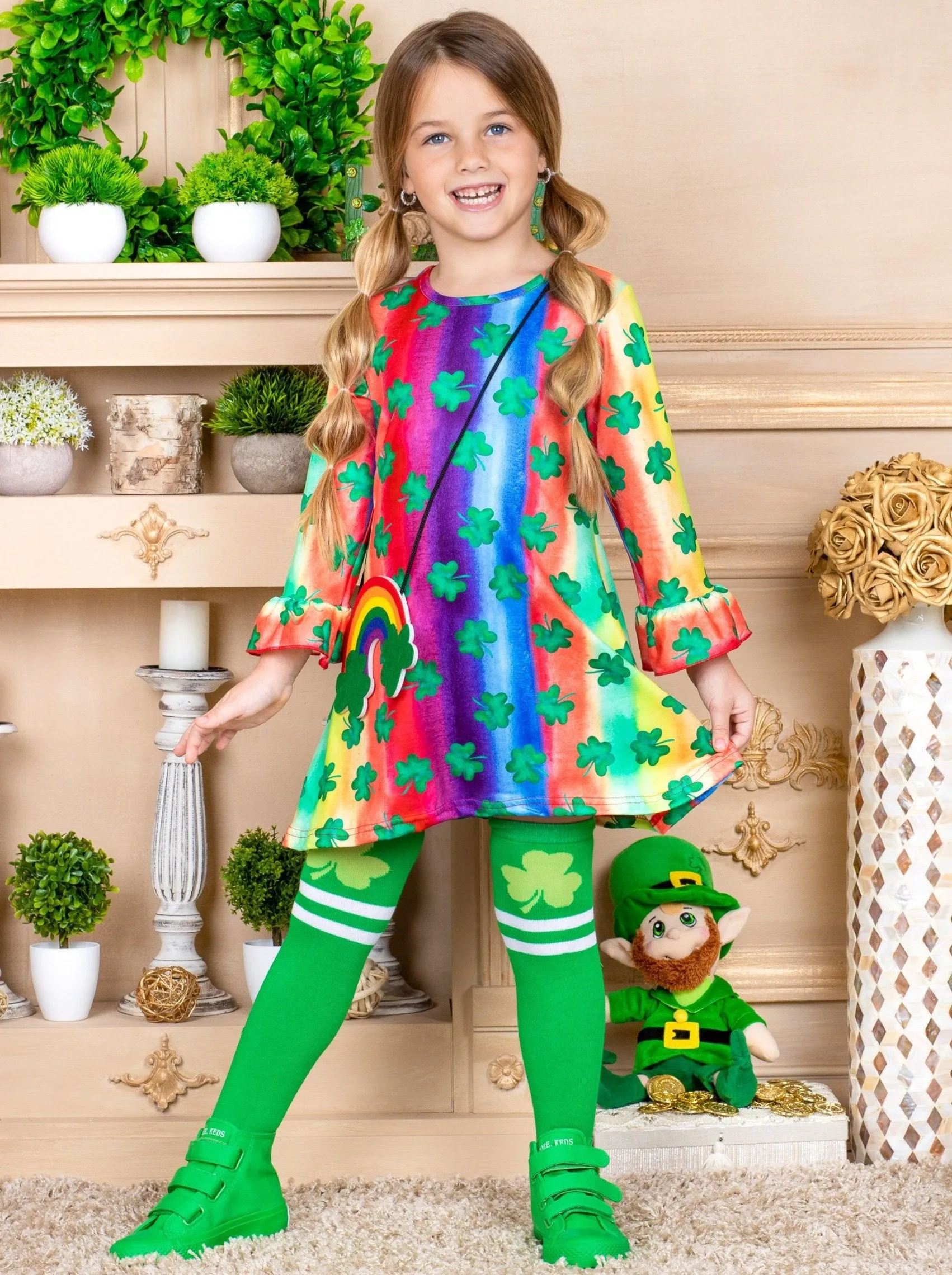 Girls "Clover"  Rainbow Print Dress, Purse and Socks Set