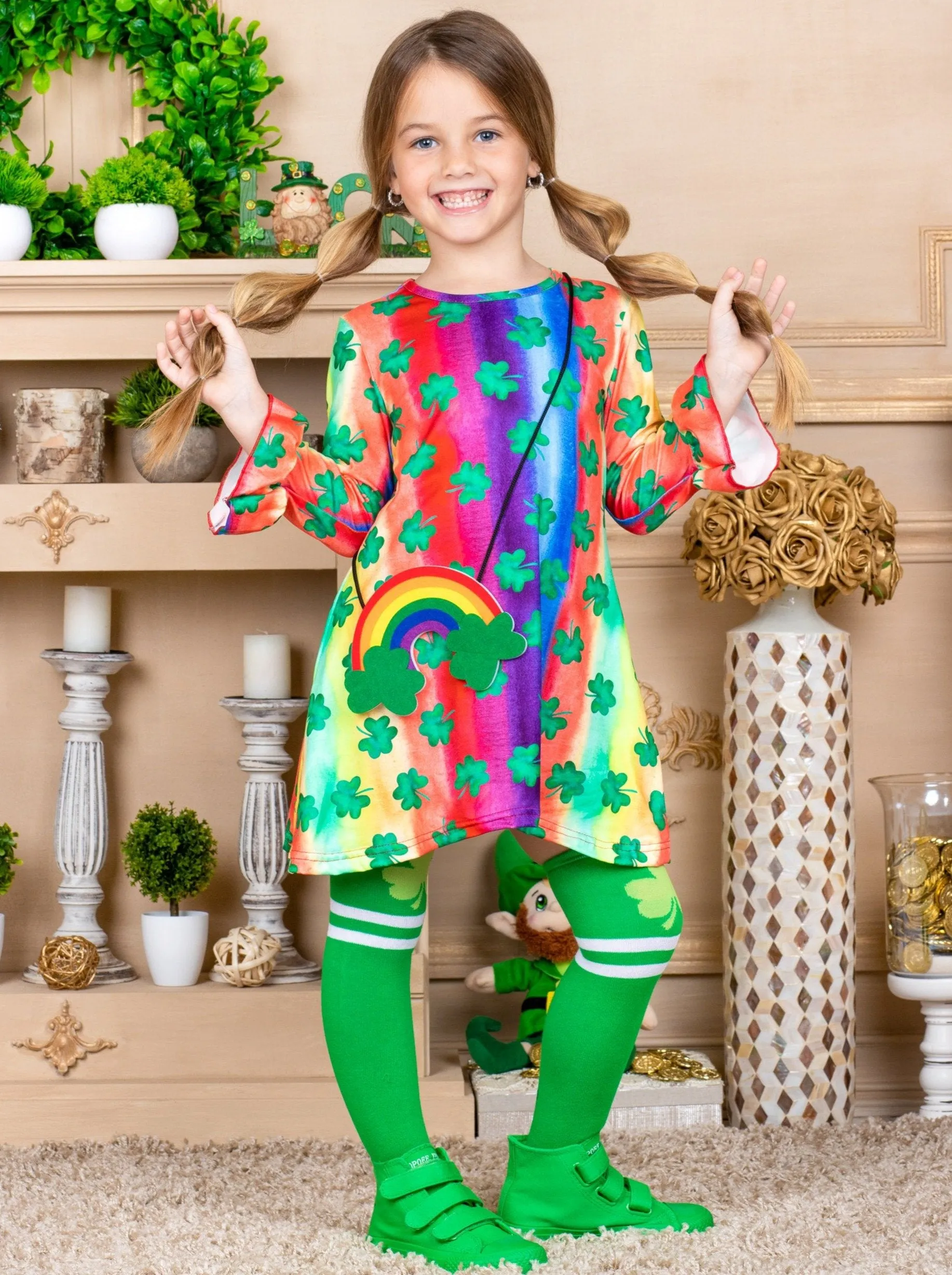 Girls "Clover"  Rainbow Print Dress, Purse and Socks Set