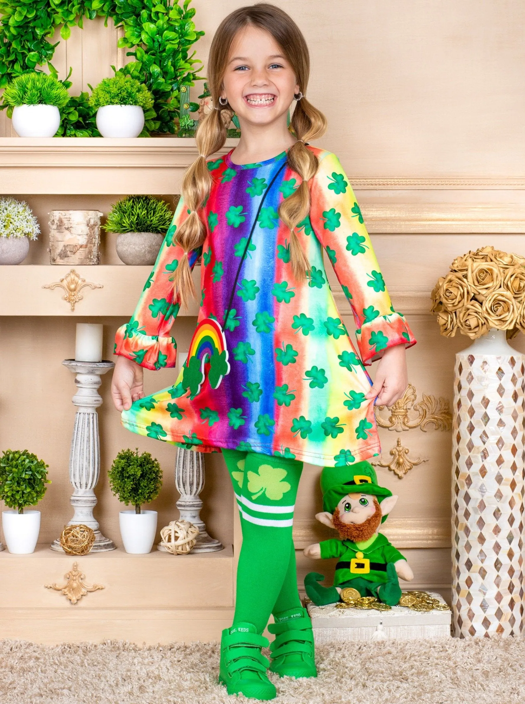 Girls "Clover"  Rainbow Print Dress, Purse and Socks Set