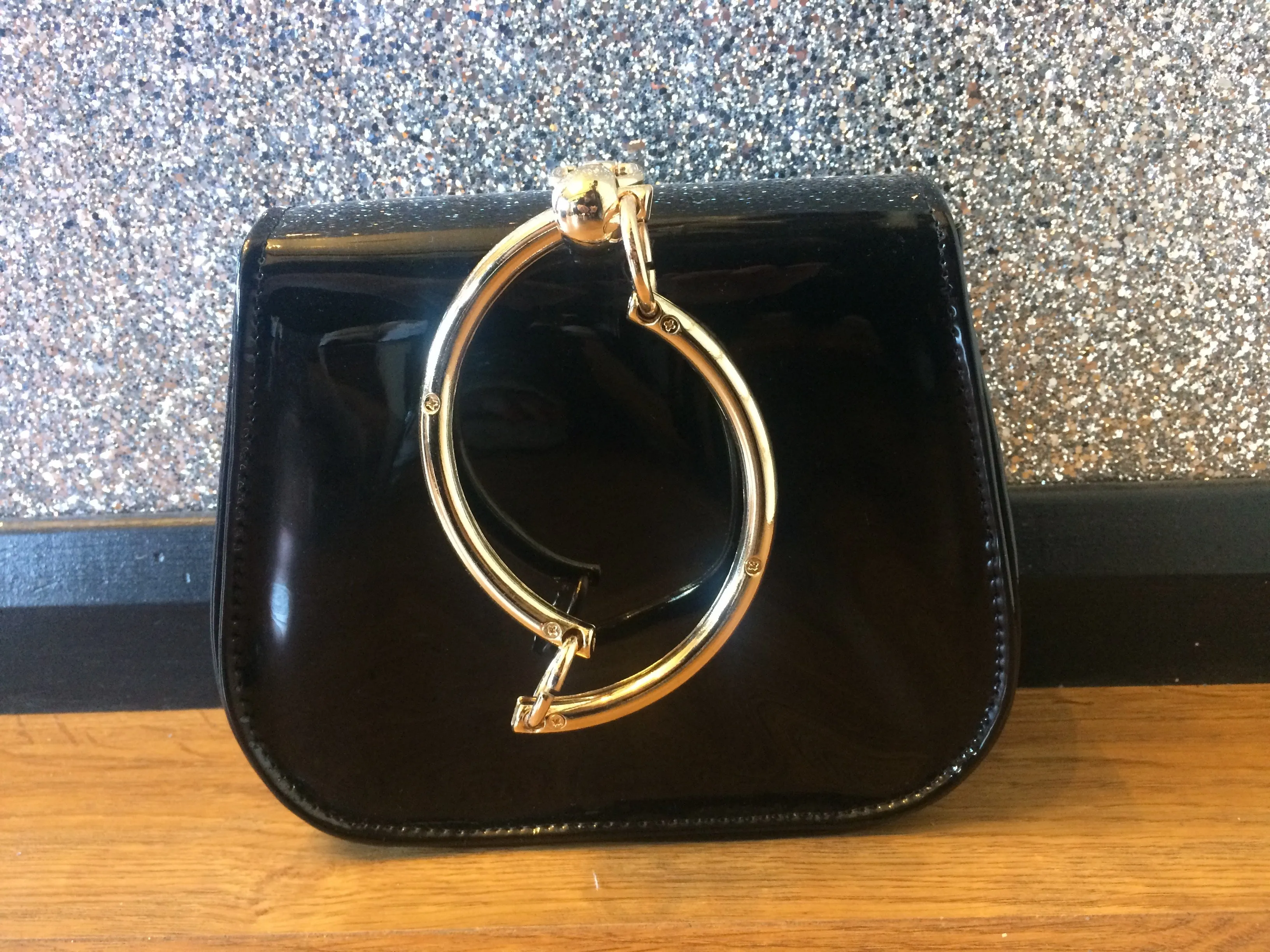 Gold Circle Handle Patent Handbag- Black