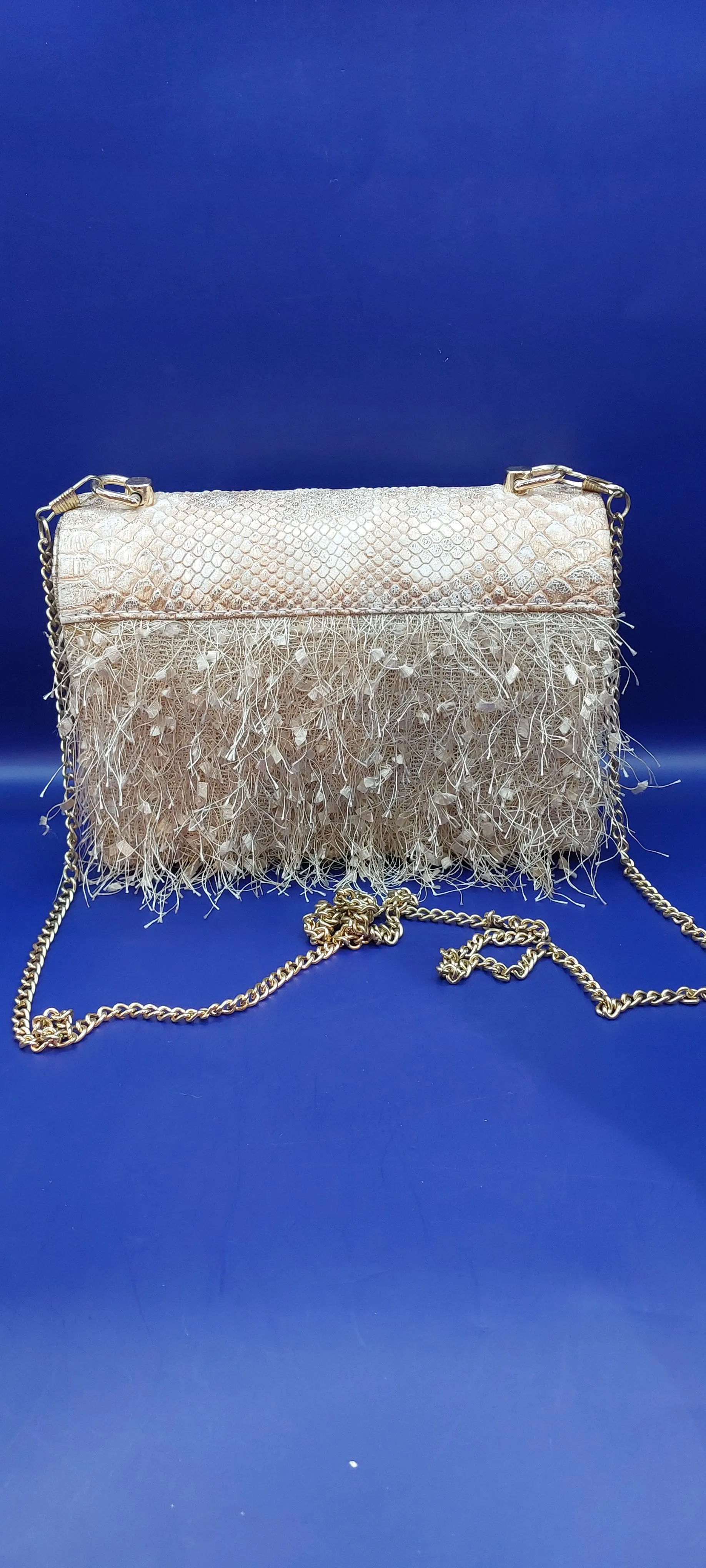 Gold Filly Faux Snakeskin Leather and Feathers Purse