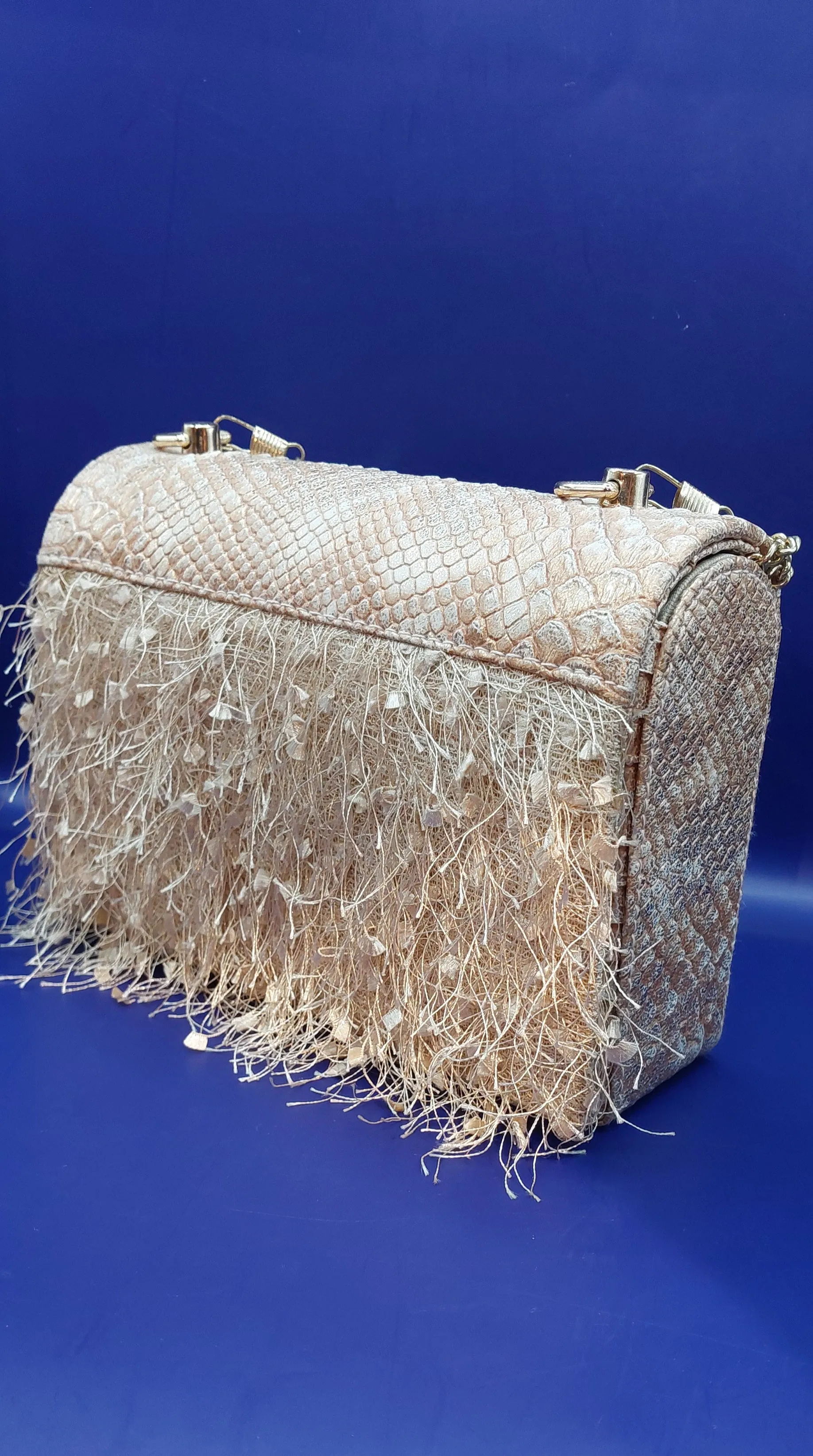 Gold Filly Faux Snakeskin Leather and Feathers Purse