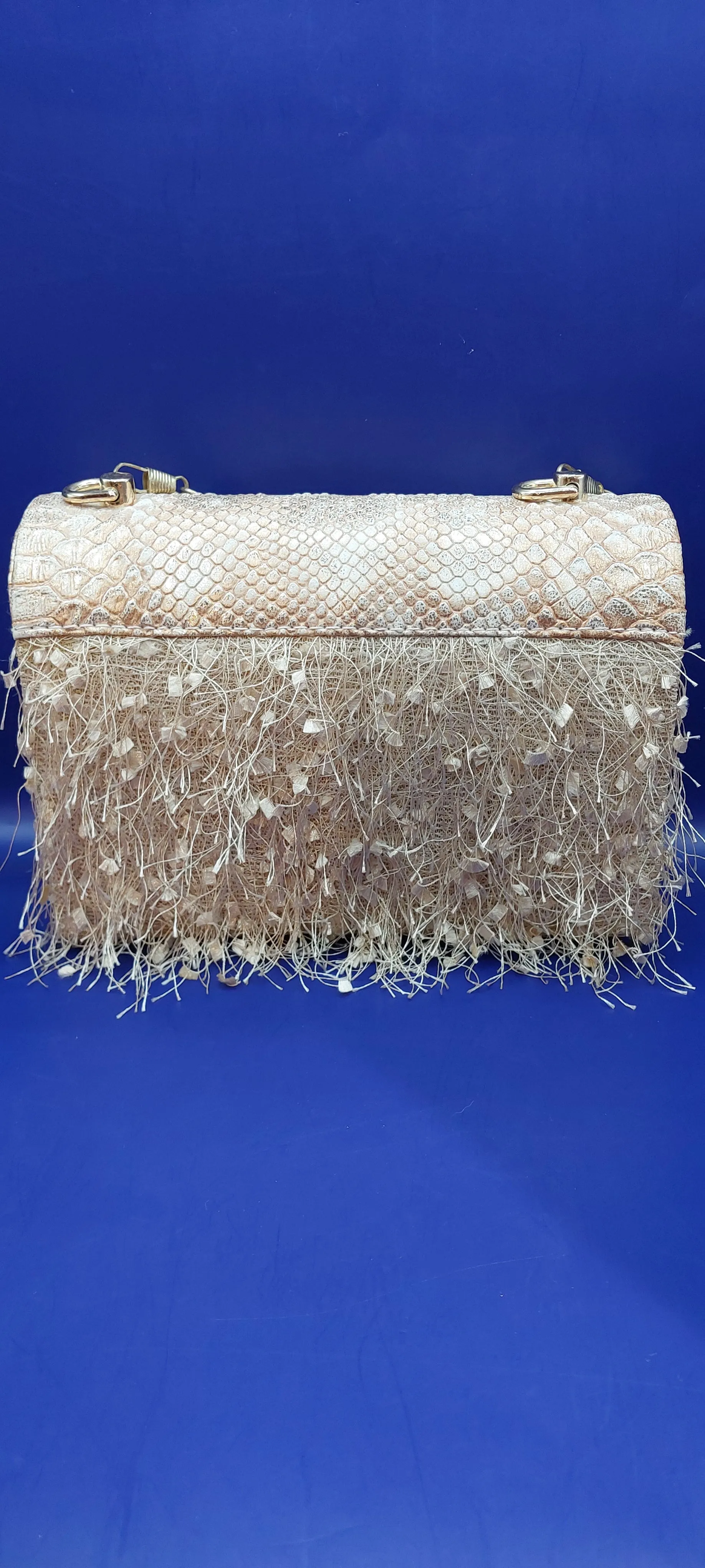 Gold Filly Faux Snakeskin Leather and Feathers Purse