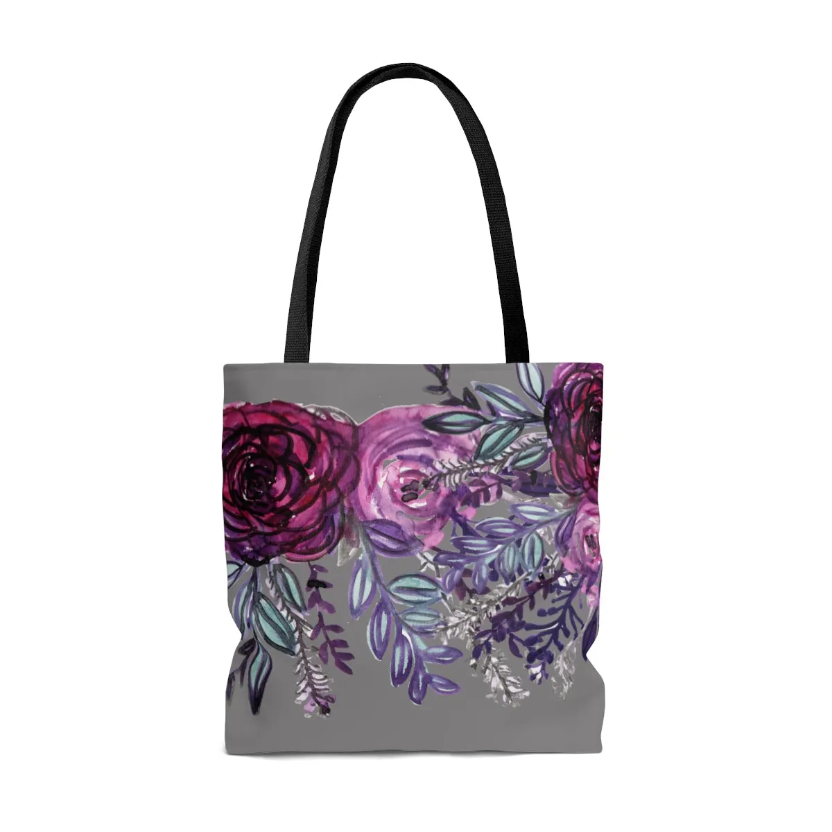 Gray Rose Floral Tote Bag, Flower Print Women's Premium Market Tote Bag - Made in USA