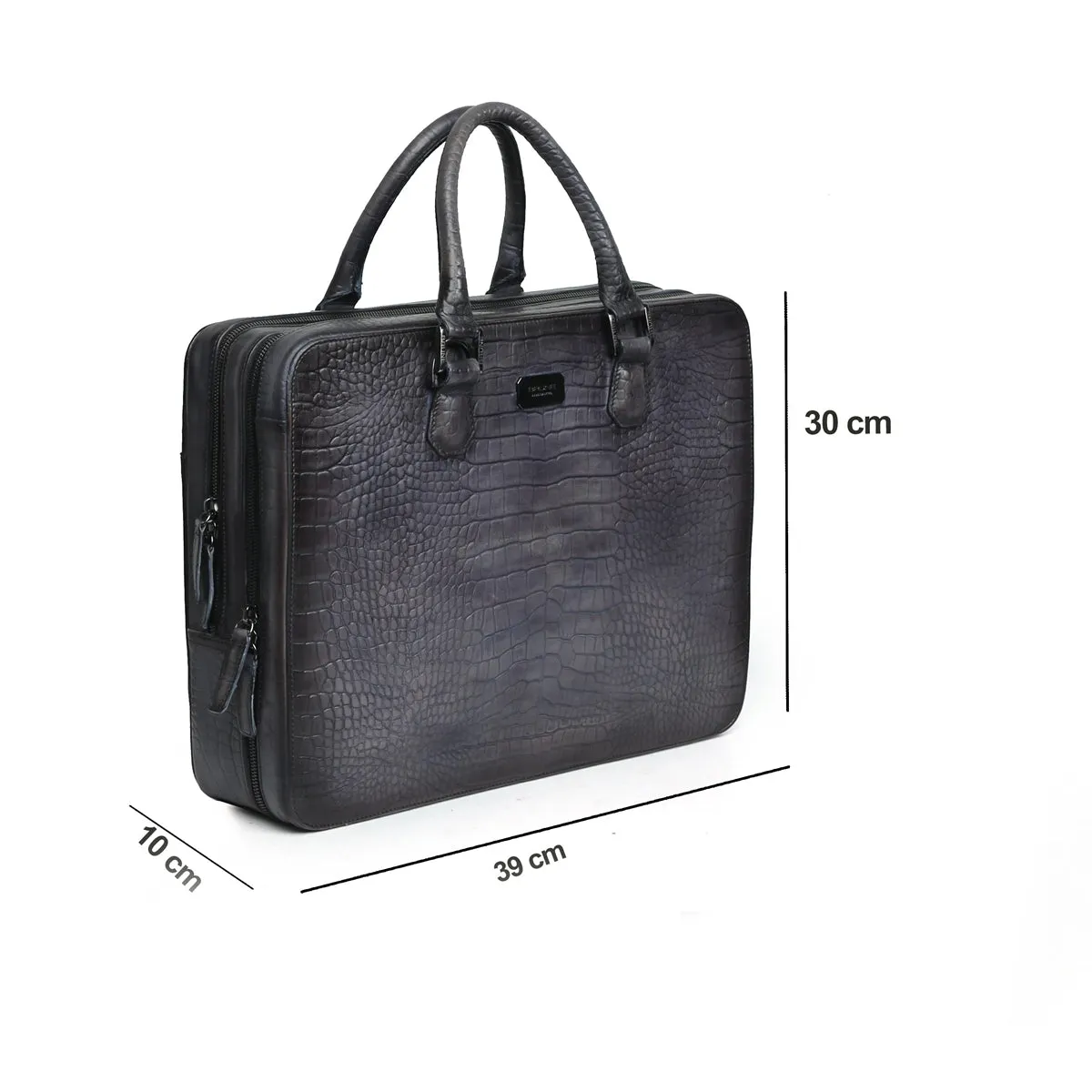 Grey Laptop Briefcase in Cut Croco Leather with Organizer Compartment