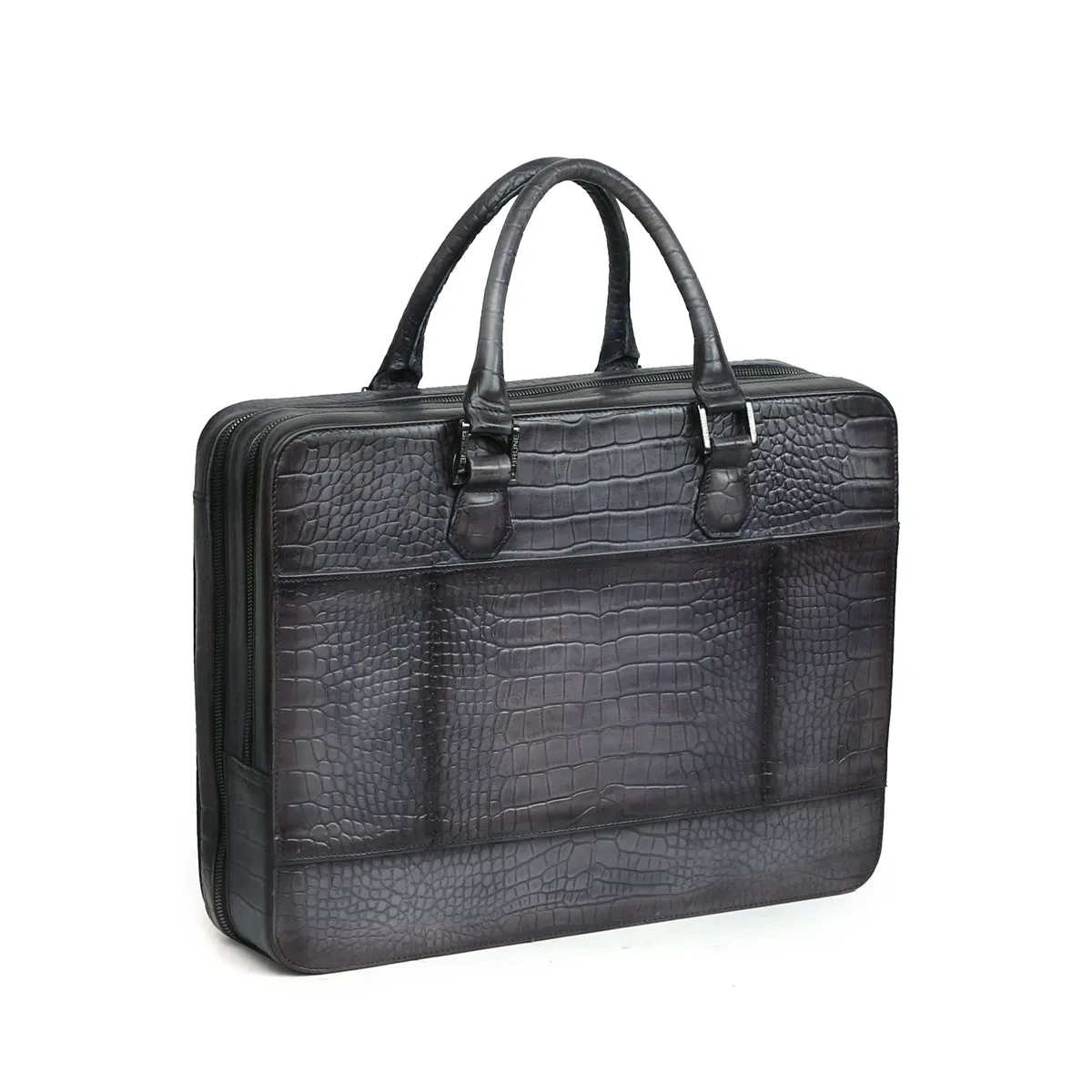 Grey Laptop Briefcase in Cut Croco Leather with Organizer Compartment