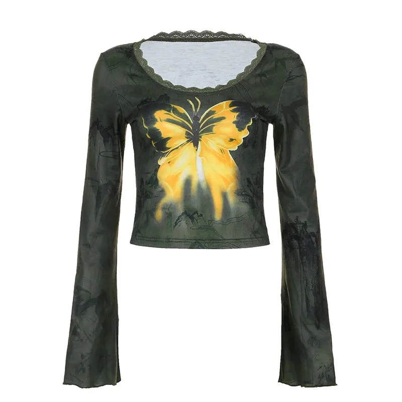 Grunge Butterfly Printed Fitness Flare Sleeve Crop Top Autumn Tee Pullover Frill Lace Trim Vintage Tshirt Y2K Outfits