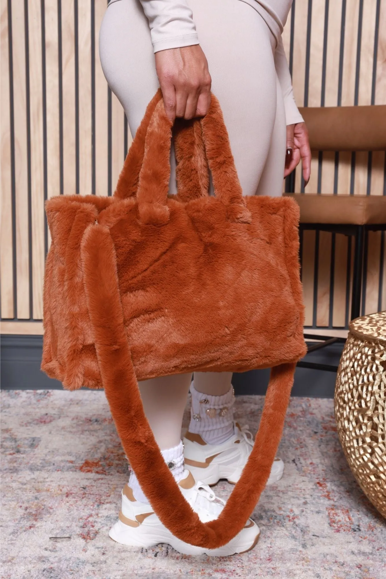 Hold My Spot Faux Fur Crossbody Bag - Camel Medium