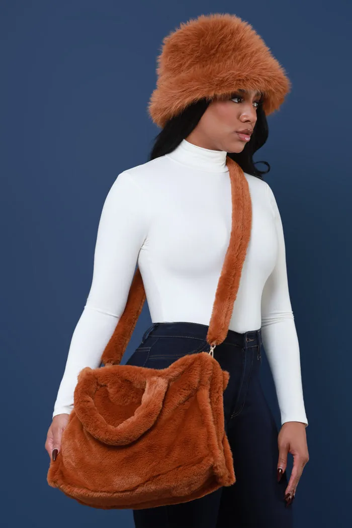 Hold My Spot Faux Fur Crossbody Bag - Camel Medium