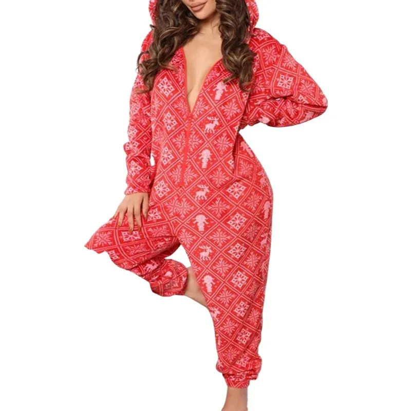 Hooded Fleece Long Sleeves Zipper Holiday Loungewear Christmas Pajamas