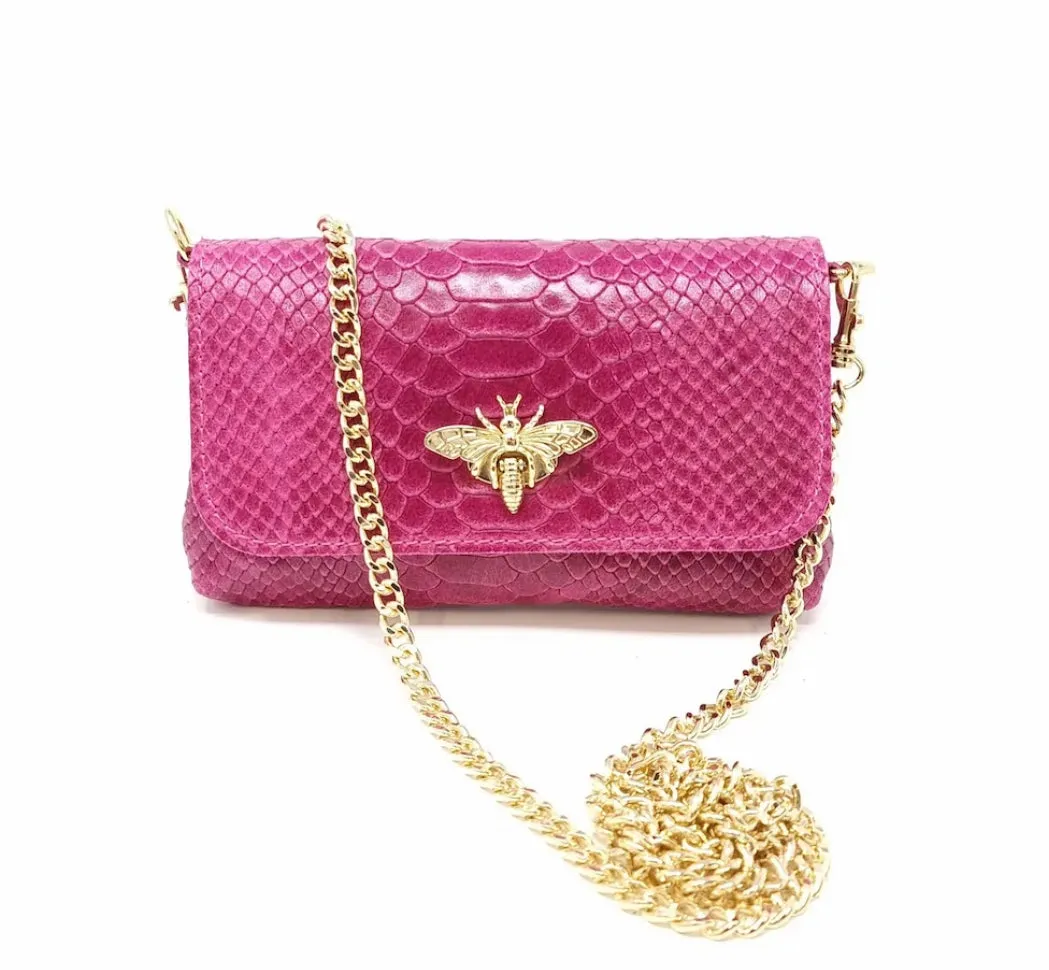 Hot Pink Snake Embossed Italian Leather Crossbody with Bee