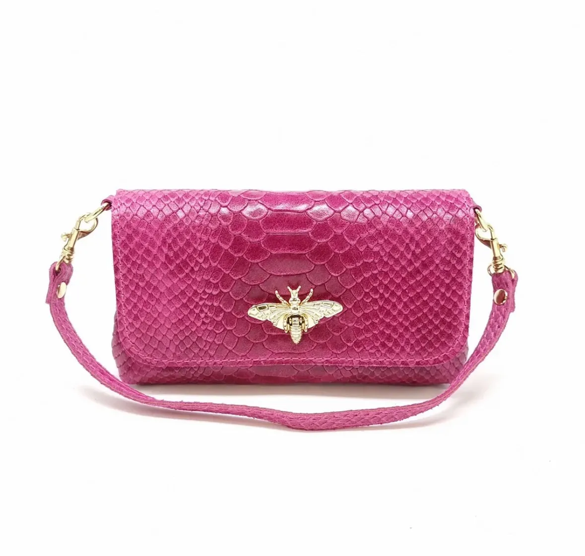 Hot Pink Snake Embossed Italian Leather Crossbody with Bee