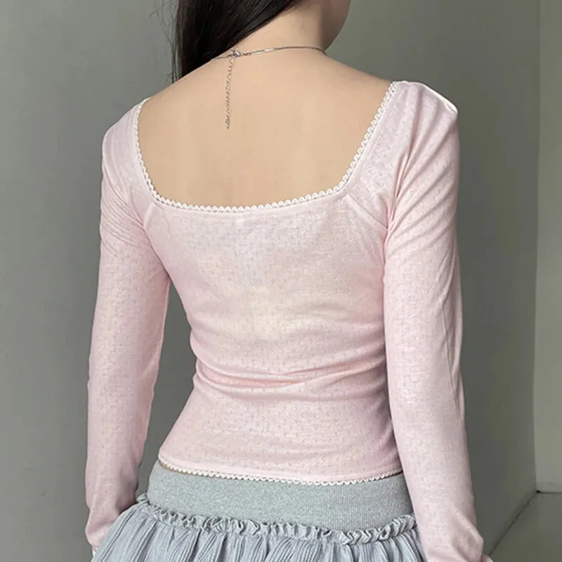 Hotsweet Square Neck Bow Autumn T shirts for Women Pink Folds Lace Trim Korean Fashion Tee Top Coquette Clothes Cute