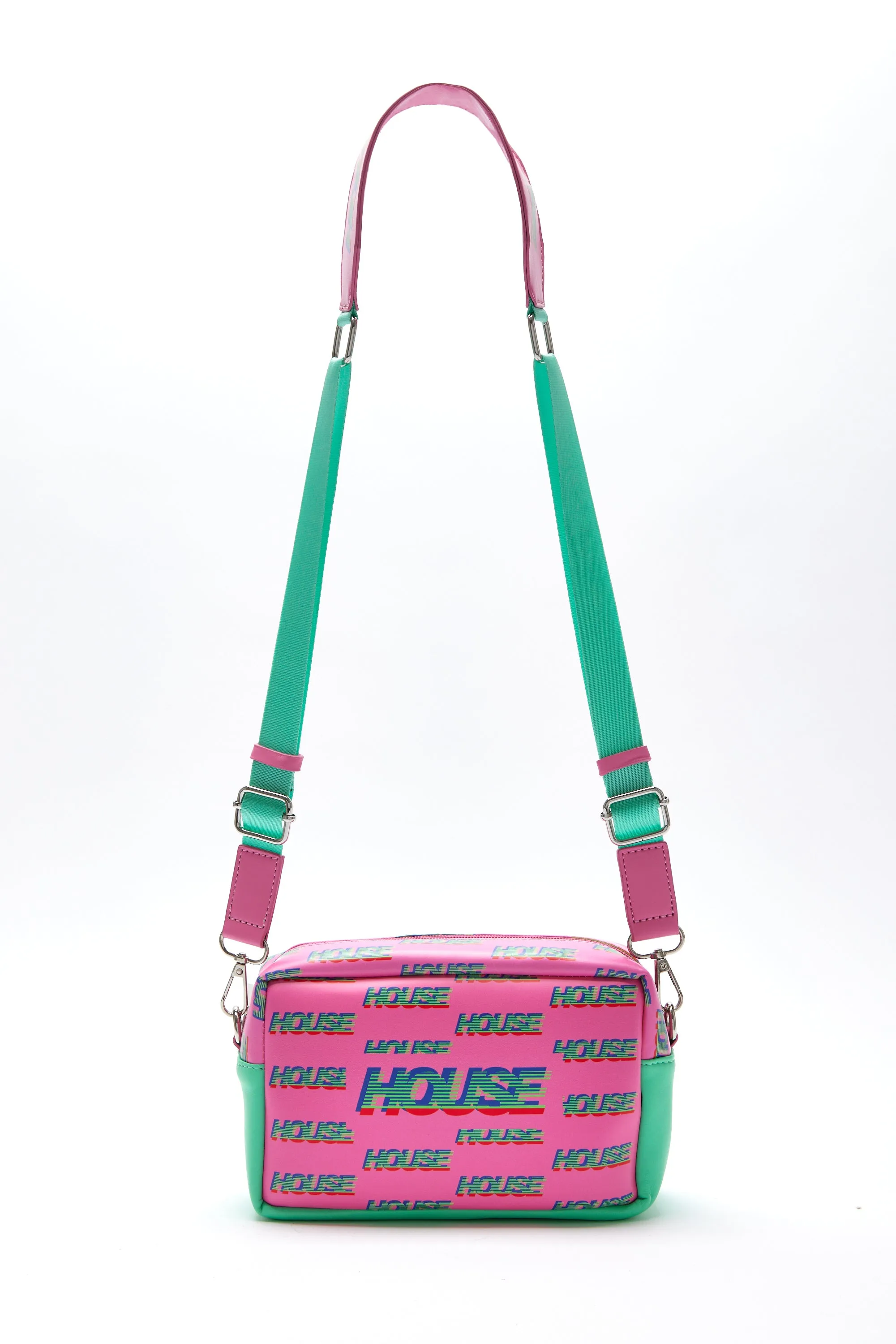 House Of Holland Cross Body Bag In Pink And Mint With ‘House’ Print