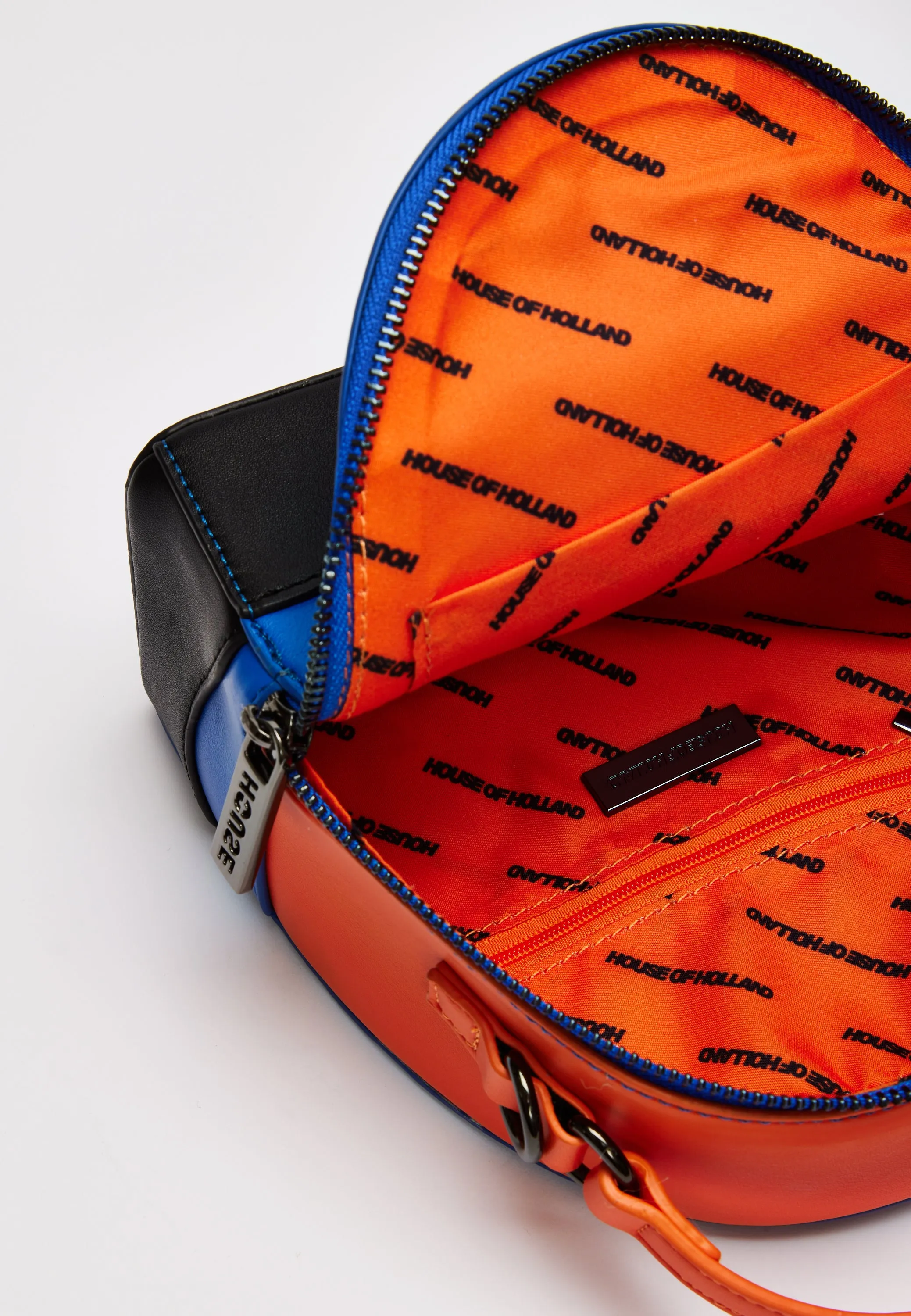 House Of Holland Cross Body Bag In Royal Blue, Orange And Black With Printed Logo