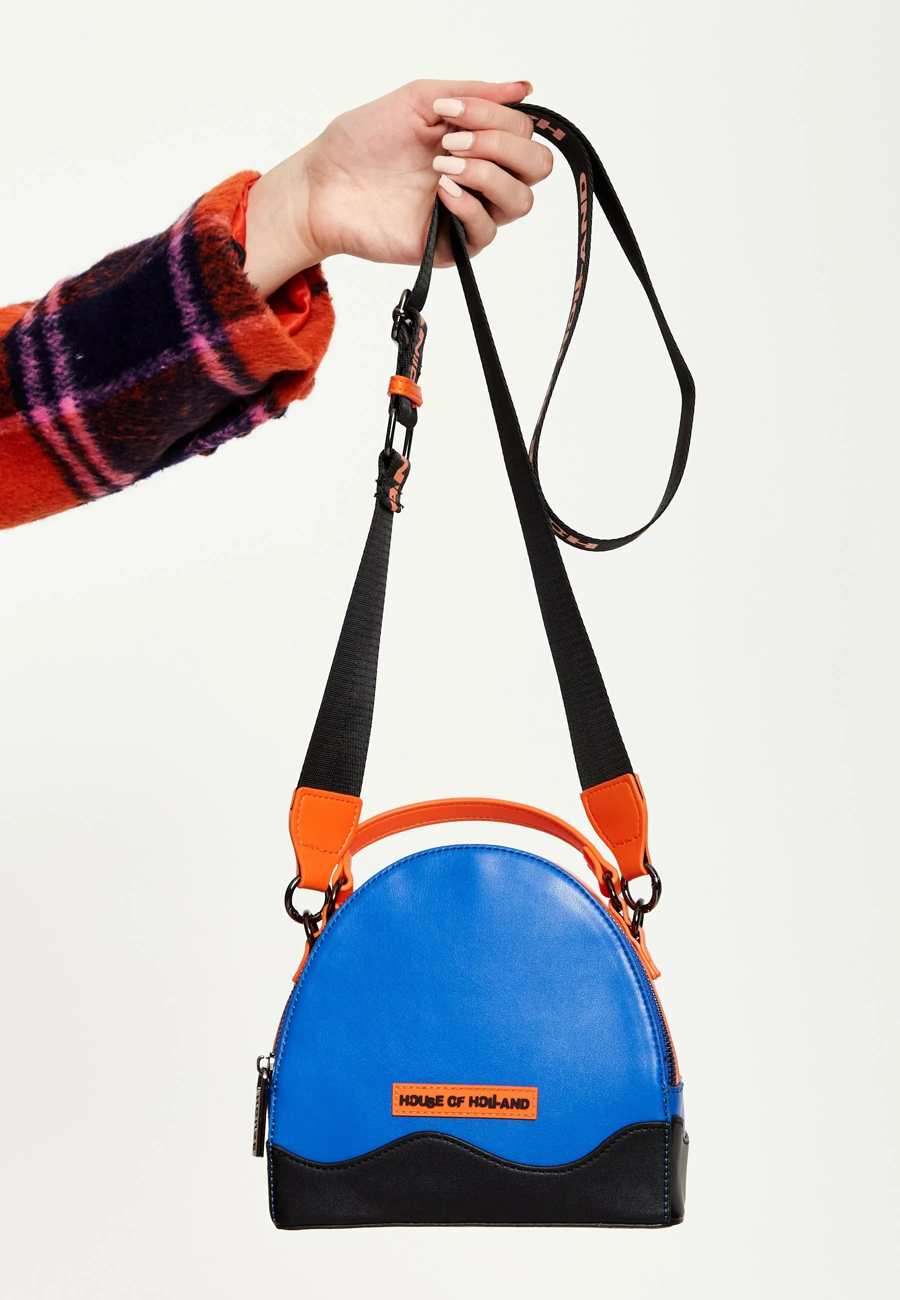 House Of Holland Cross Body Bag In Royal Blue, Orange And Black With Printed Logo