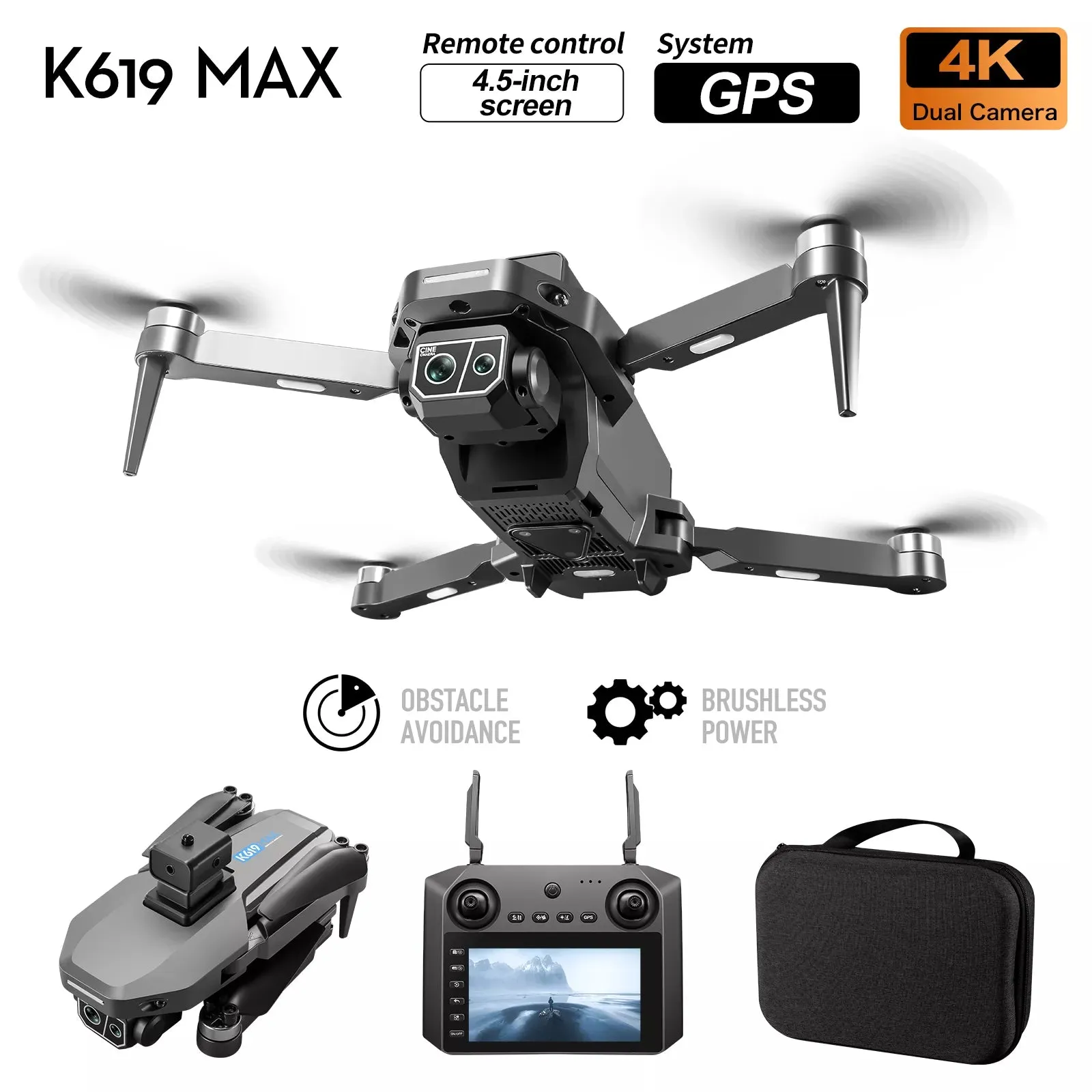 K619 MAX 4K Drone Intelligent obstacle avoidance GPS 5G WiFi Quadcopter 4.5-inch screen remote control