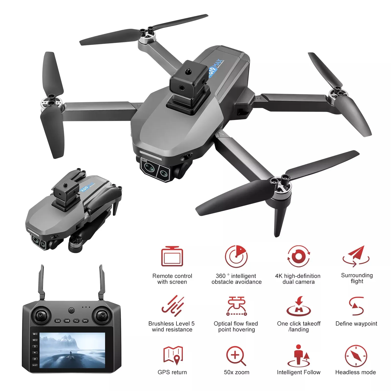 K619 MAX 4K Drone Intelligent obstacle avoidance GPS 5G WiFi Quadcopter 4.5-inch screen remote control