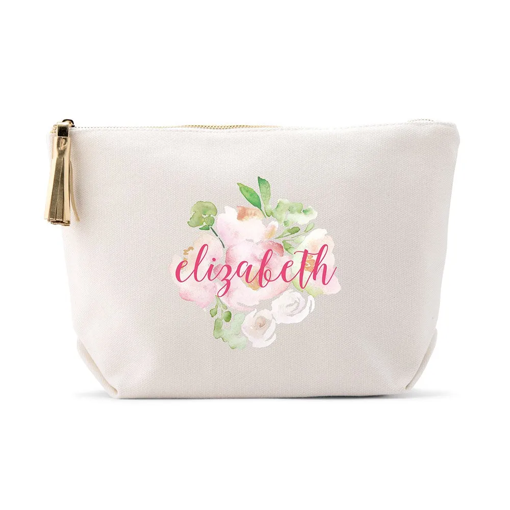 LARGE PERSONALIZED CANVAS MAKEUP & TOILETRY BAG FOR  WOMEN - FLORAL GARDEN