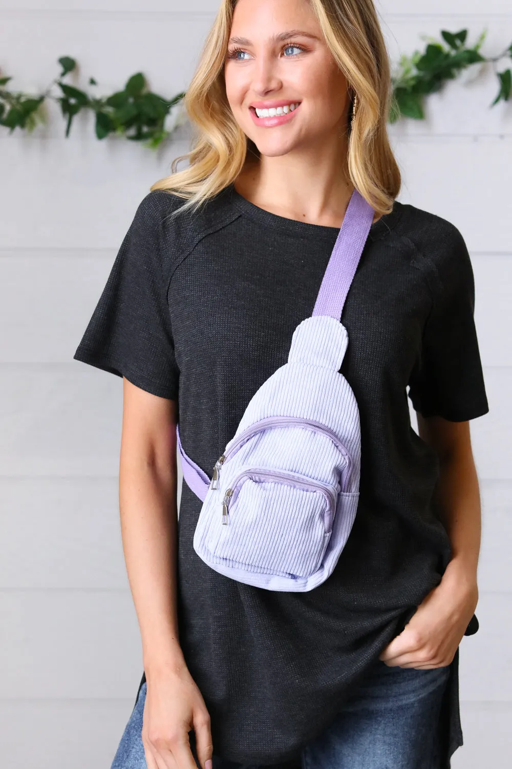 Lavender Corduroy Sling Crossbody Bag