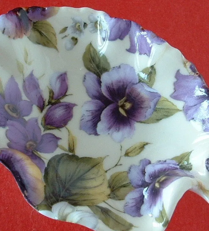 Leaf Shape Tea Bag Caddy Violet Chintz England Bone China Royal Patrician