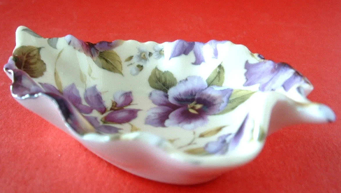 Leaf Shape Tea Bag Caddy Violet Chintz England Bone China Royal Patrician