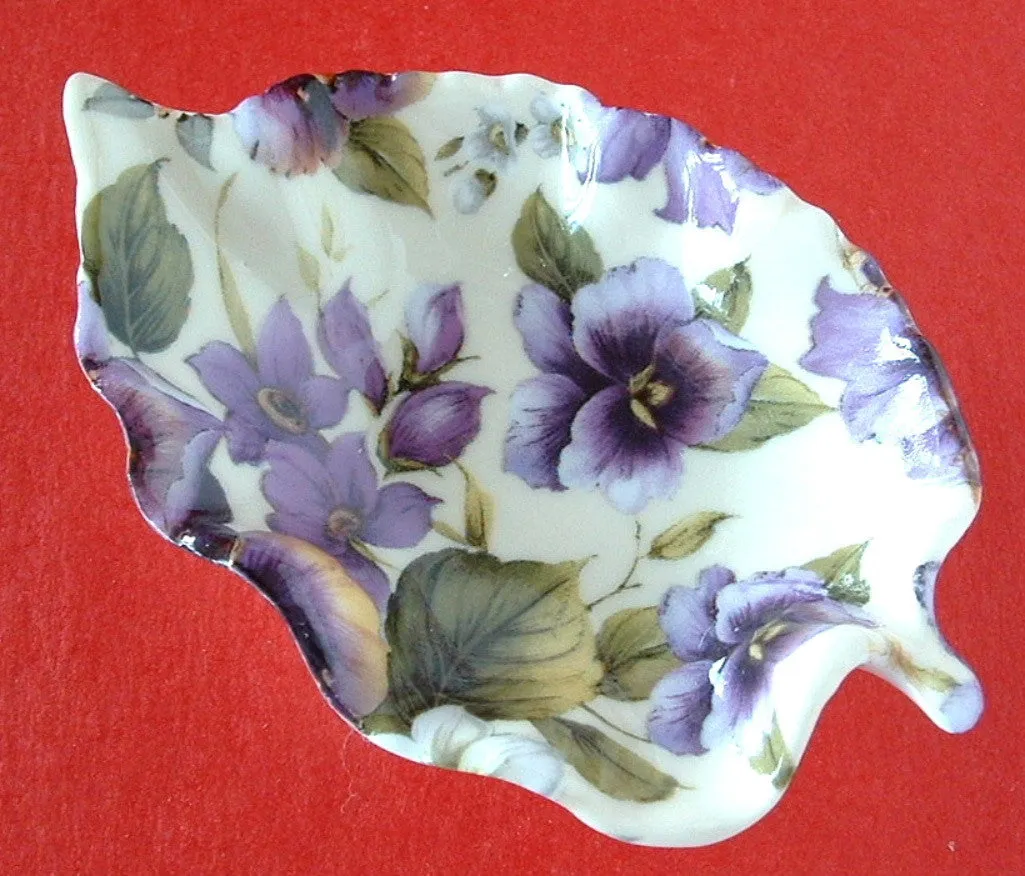 Leaf Shape Tea Bag Caddy Violet Chintz England Bone China Royal Patrician