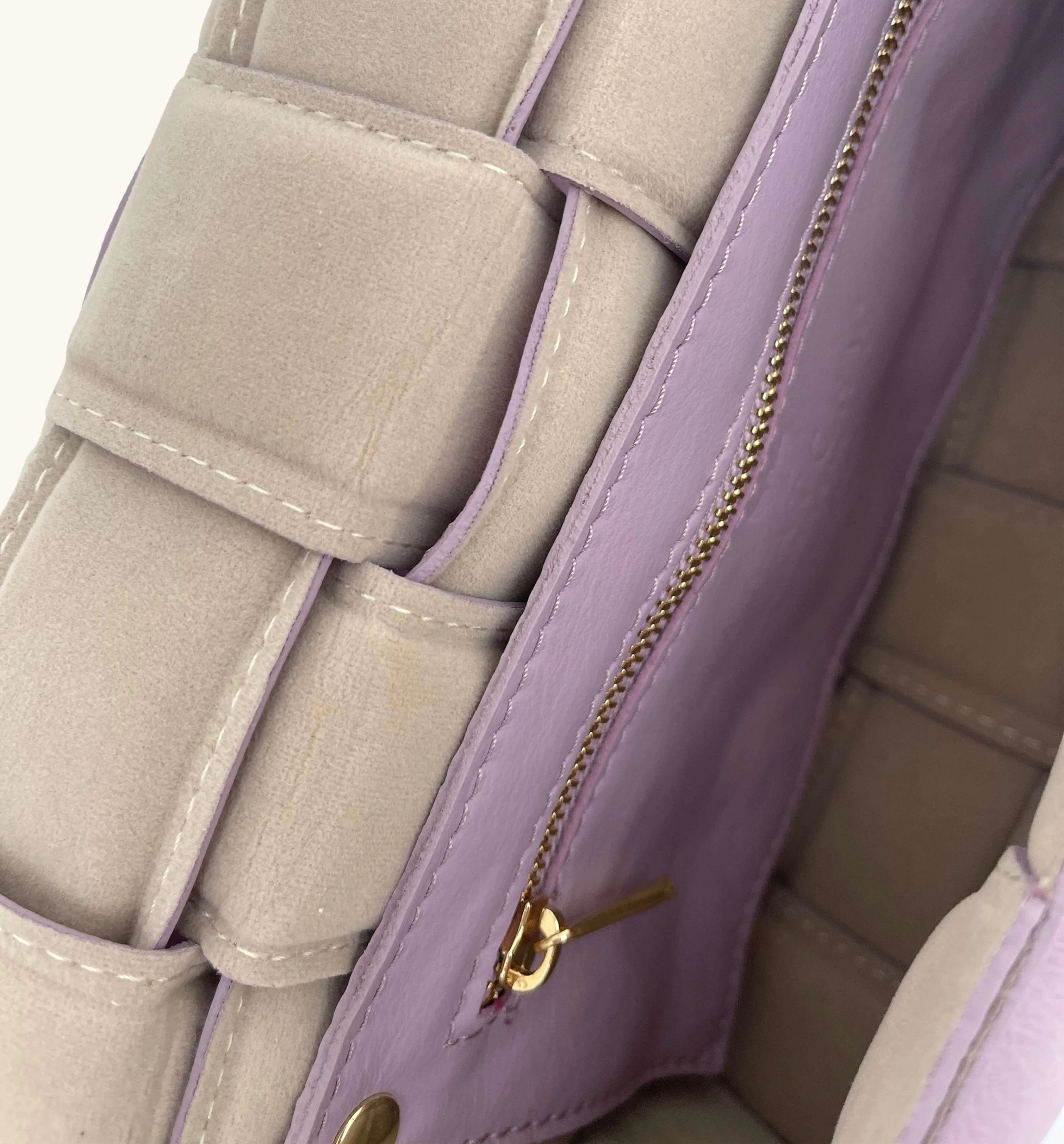 Lilac Padded Woven Leather Crossbody Bag With Gold Chain Strap