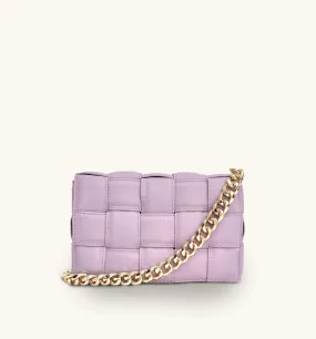 Lilac Padded Woven Leather Crossbody Bag With Gold Chain Strap