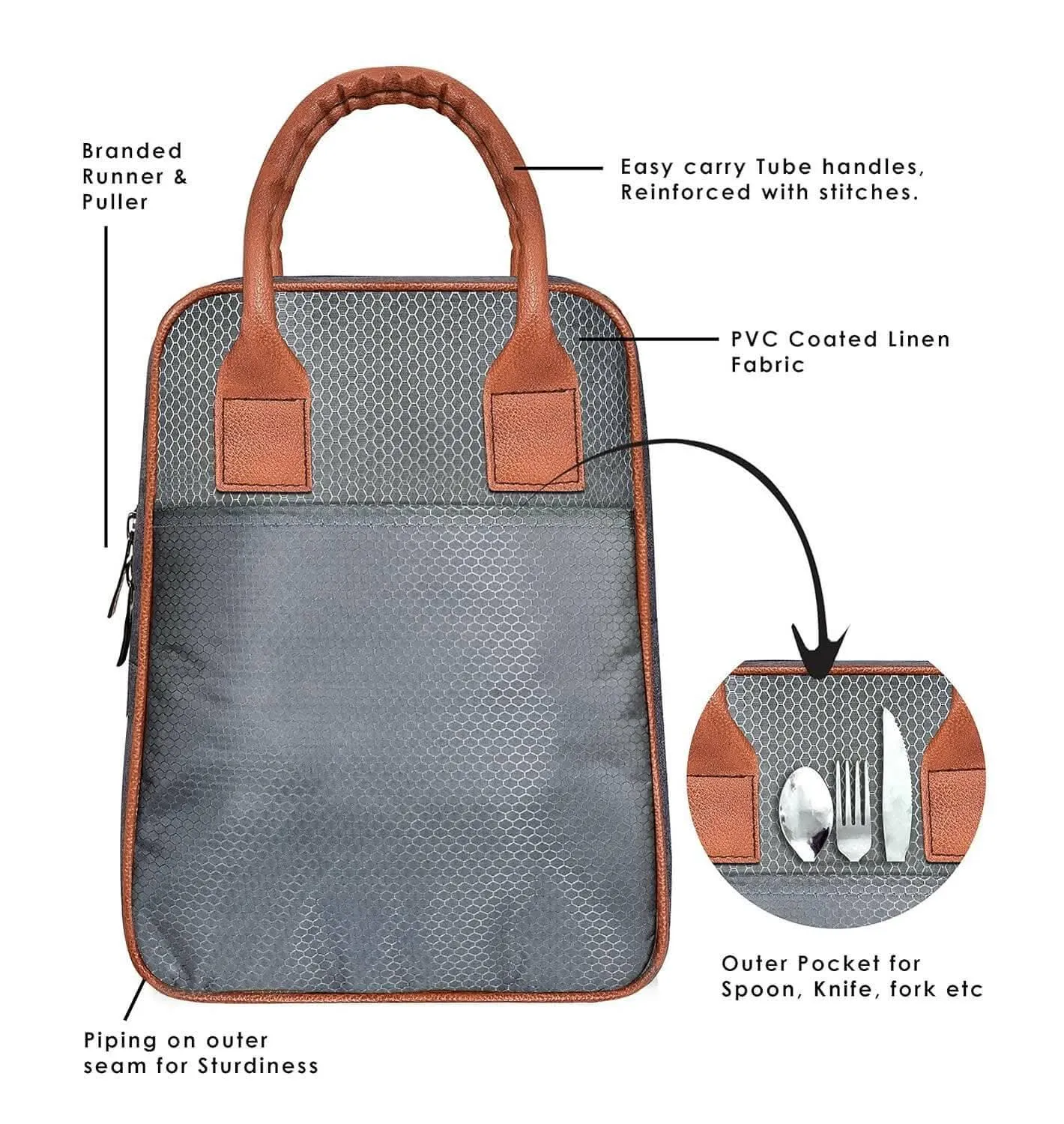 LOREM Grey Linen Textured Insulated Tiffin /Lunch Bag (Unisex) - TB04-A