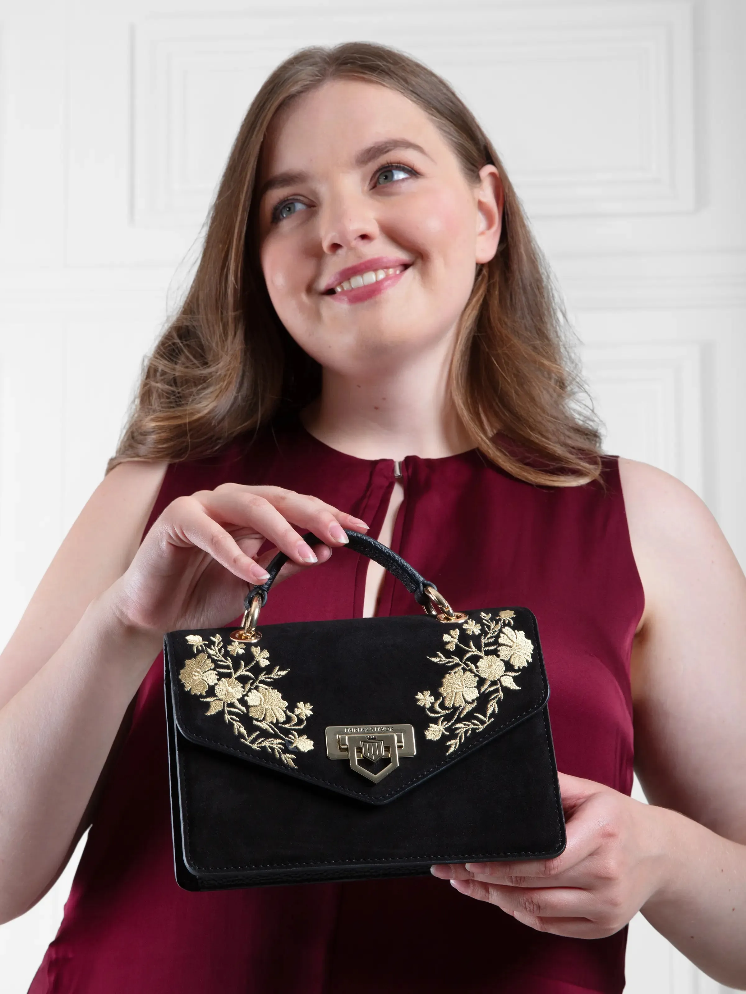 Loxley Mini Cross Body Bag - Embroidered Black Suede