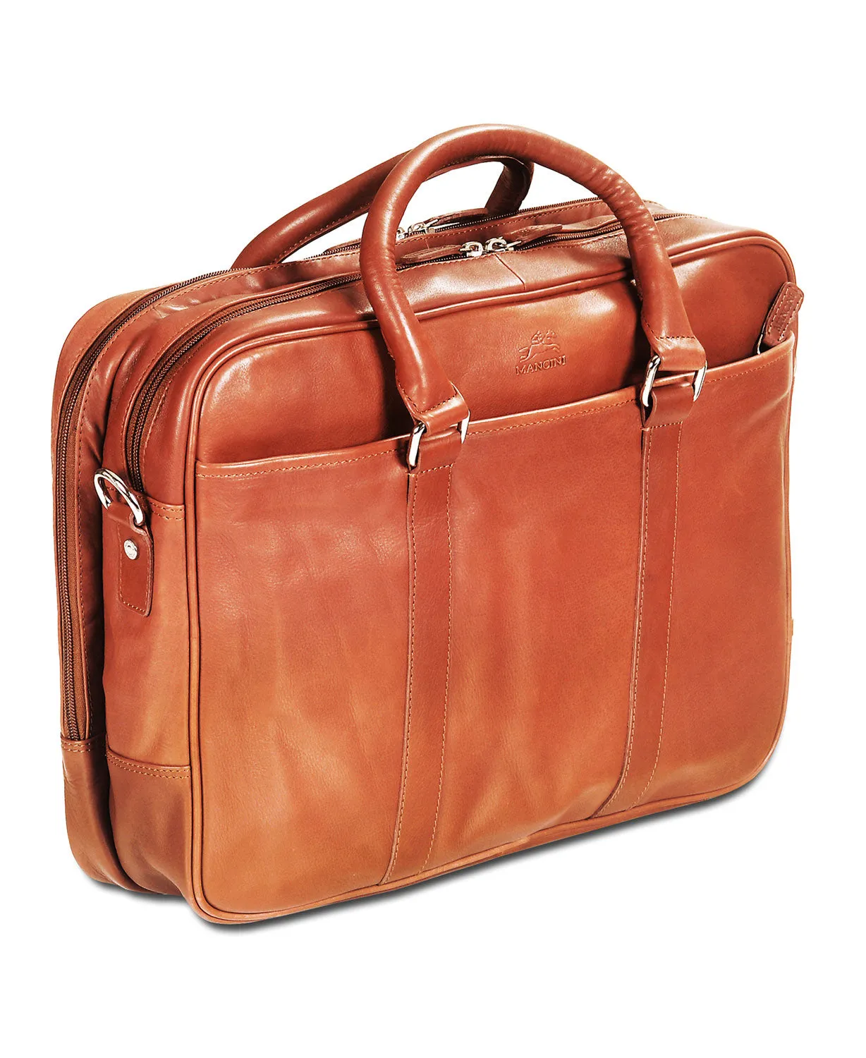 Mancini Leather Double Compartment Zippered Briefcase for 15.6" Laptop / Tablet, 15.5" x 4.25" x 11.25", Cognac