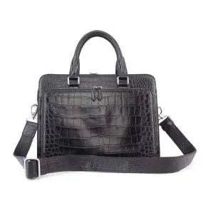 Men's Crocodile  Leather Briefcase with Front Zip Pocket Black