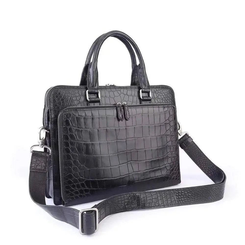 Men's Crocodile  Leather Briefcase with Front Zip Pocket Black