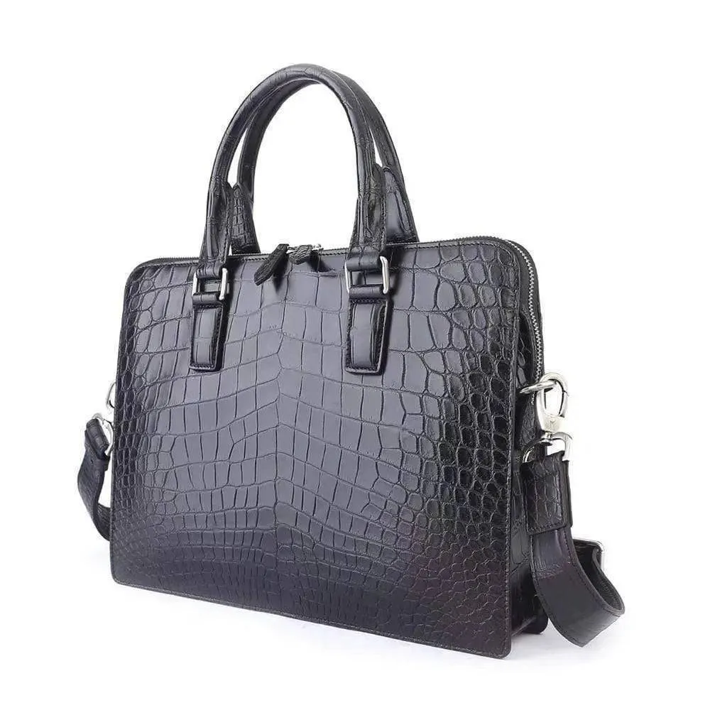 Men's Crocodile  Leather Briefcase with Front Zip Pocket Black