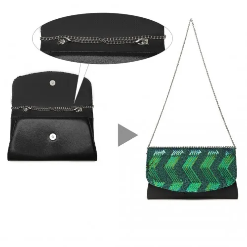 Miss Lulu Gorgeous Sequins Evening Clutch Bag - Black and Green - Chain Shoulder Bag