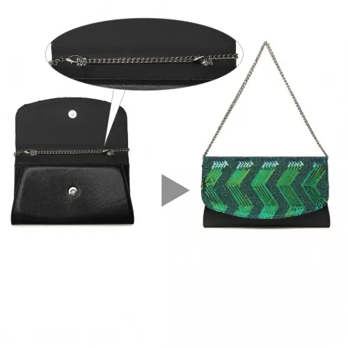 Miss Lulu Gorgeous Sequins Evening Clutch Bag - Black and Green - Chain Shoulder Bag