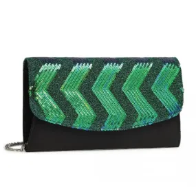 Miss Lulu Gorgeous Sequins Evening Clutch Bag - Black and Green - Chain Shoulder Bag