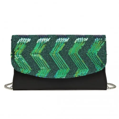 Miss Lulu Gorgeous Sequins Evening Clutch Bag - Black and Green - Chain Shoulder Bag