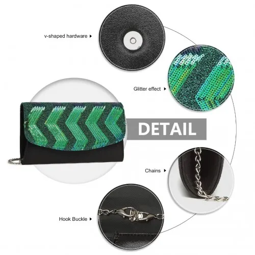 Miss Lulu Gorgeous Sequins Evening Clutch Bag - Black and Green - Chain Shoulder Bag