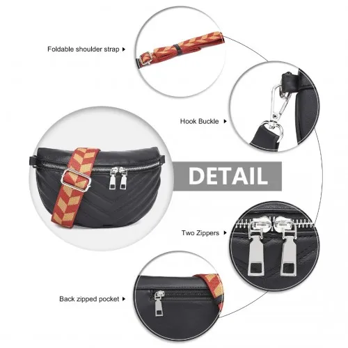 Miss Lulu Wide Strap Black Bum Bag - Lightweight Adjustable Waist Bag for Fashion & Convenience