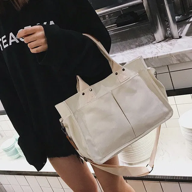 Multi Pocket Canvas Crossbody Tote Bag in White