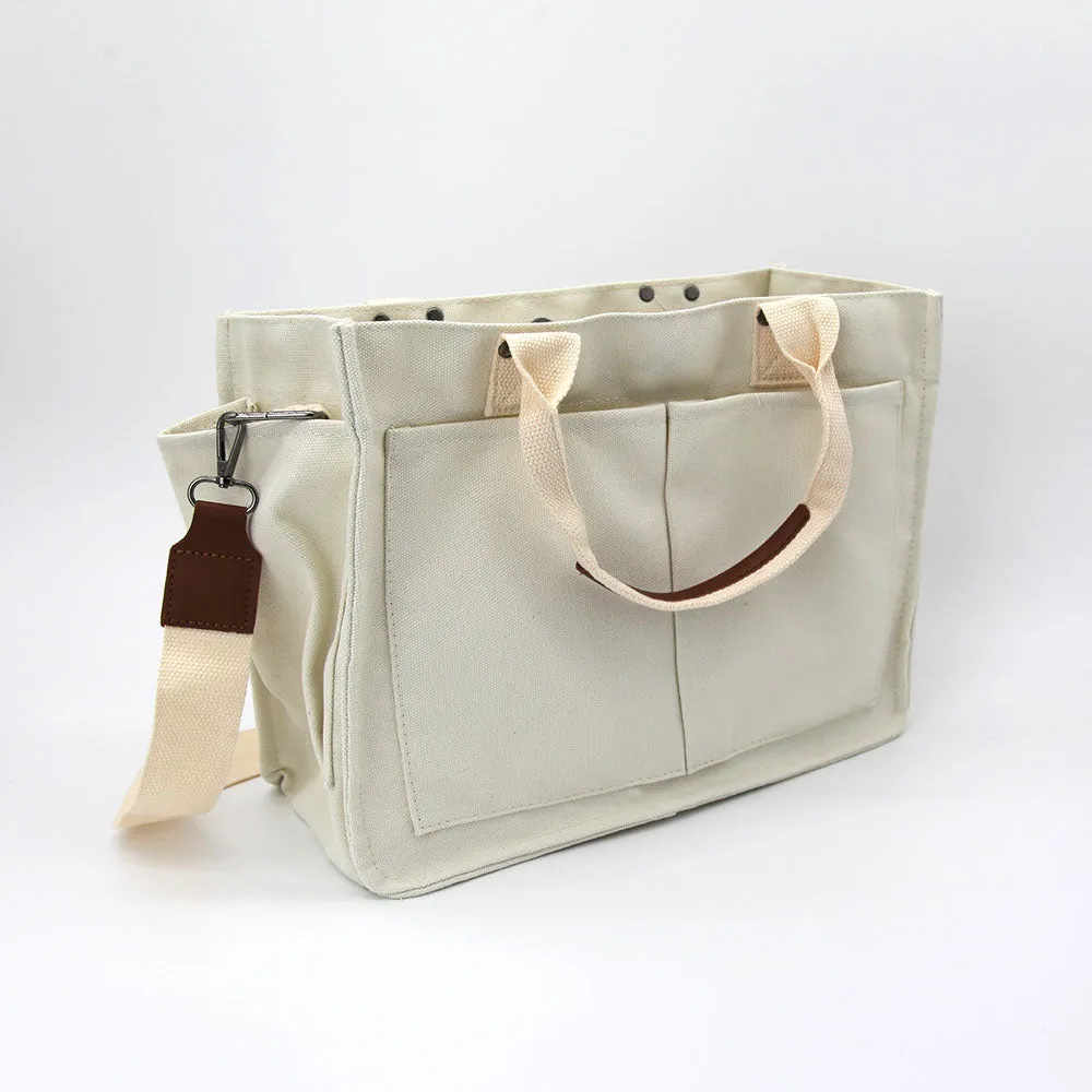 Multi Pocket Canvas Crossbody Tote Bag in White