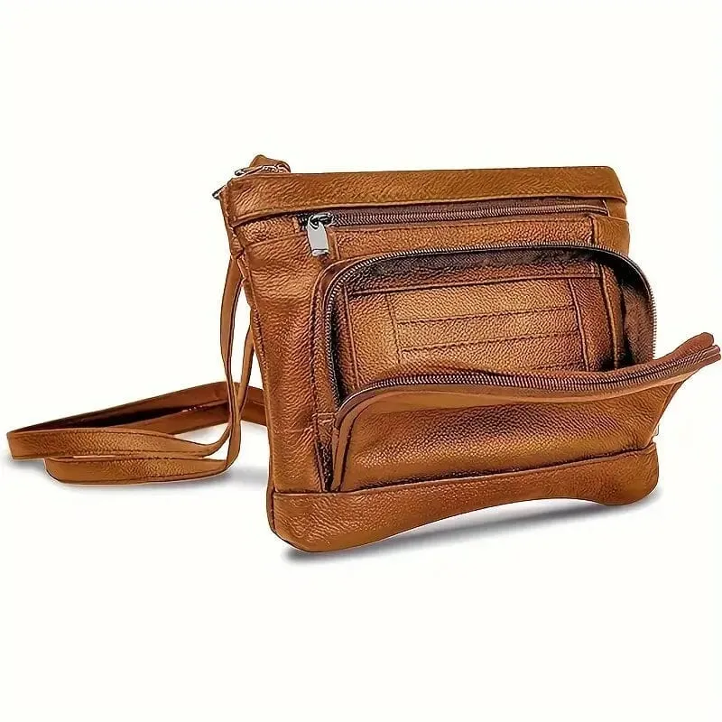 Multi-Pocket Wide Crossbody Wide Leather Bag