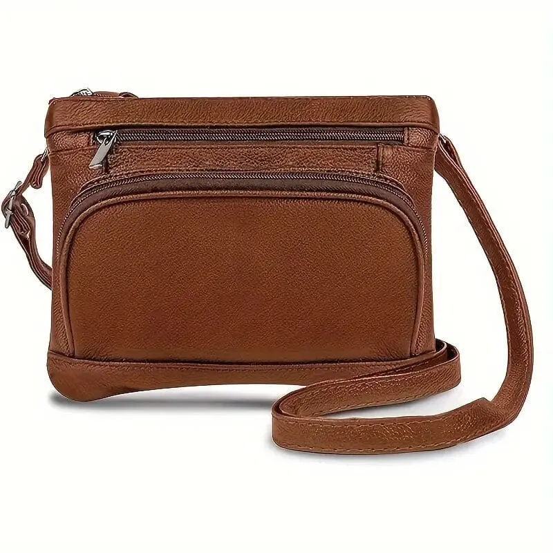 Multi-Pocket Wide Crossbody Wide Leather Bag